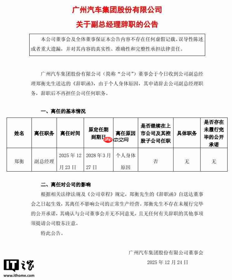 广汽集团：副总经理郑衡因个人身体原因辞职，不再担任公司任何职务