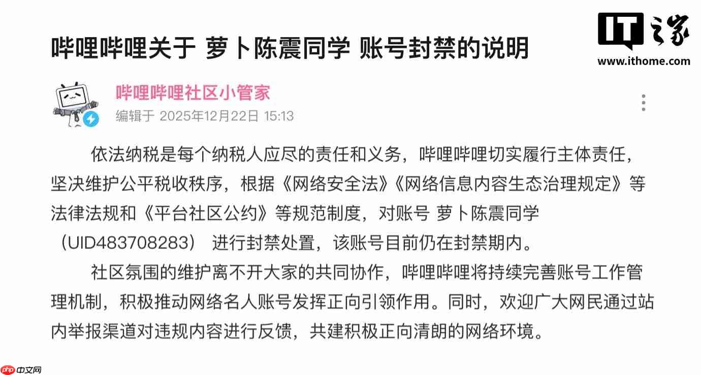 B站发布关于“萝卜陈震同学”账号封禁说明:坚决维护公平税收秩序