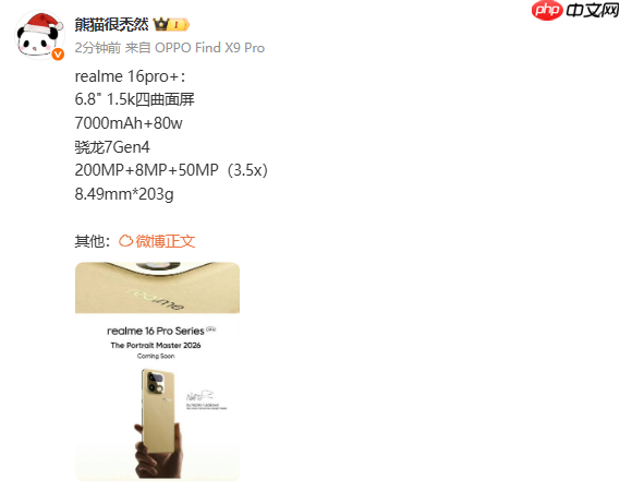 真我16 Pro+详细配置曝光:骁龙7 Gen4+6.8英寸屏