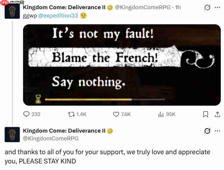 都怪法国人！ 《天国：拯救2》官方发帖调侃TGA