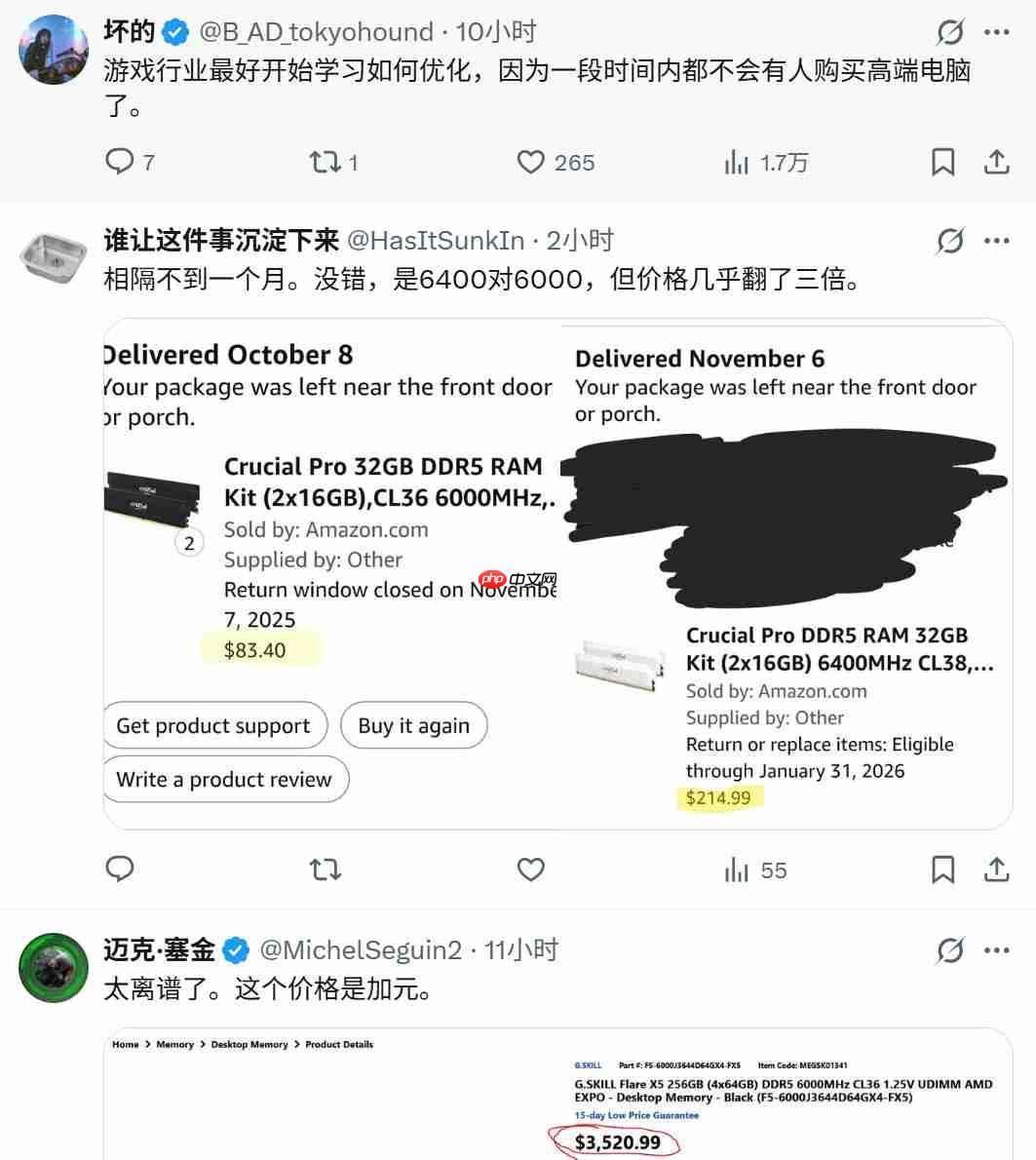 国外网友受不了了!64GB内存售价比一台PS5还贵