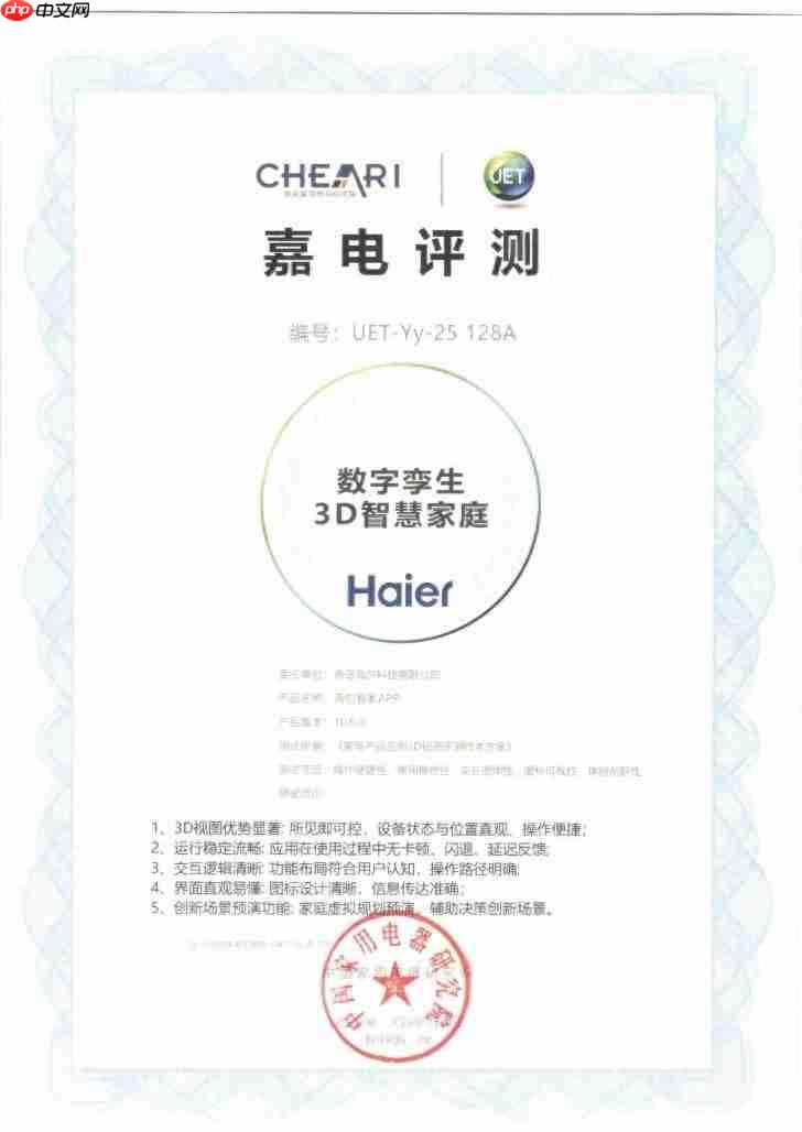 家电院评测:海尔智家APP获评“数字孪生3D智慧家庭”