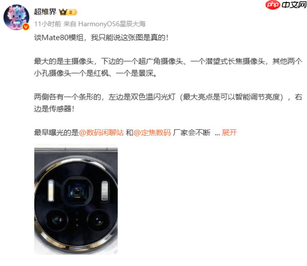 华为Mate 80后置镜头图片曝光！主摄+多元镜头组合