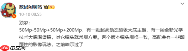小米17 Ultra影像配置曝光:5000万主摄+2亿像素长焦