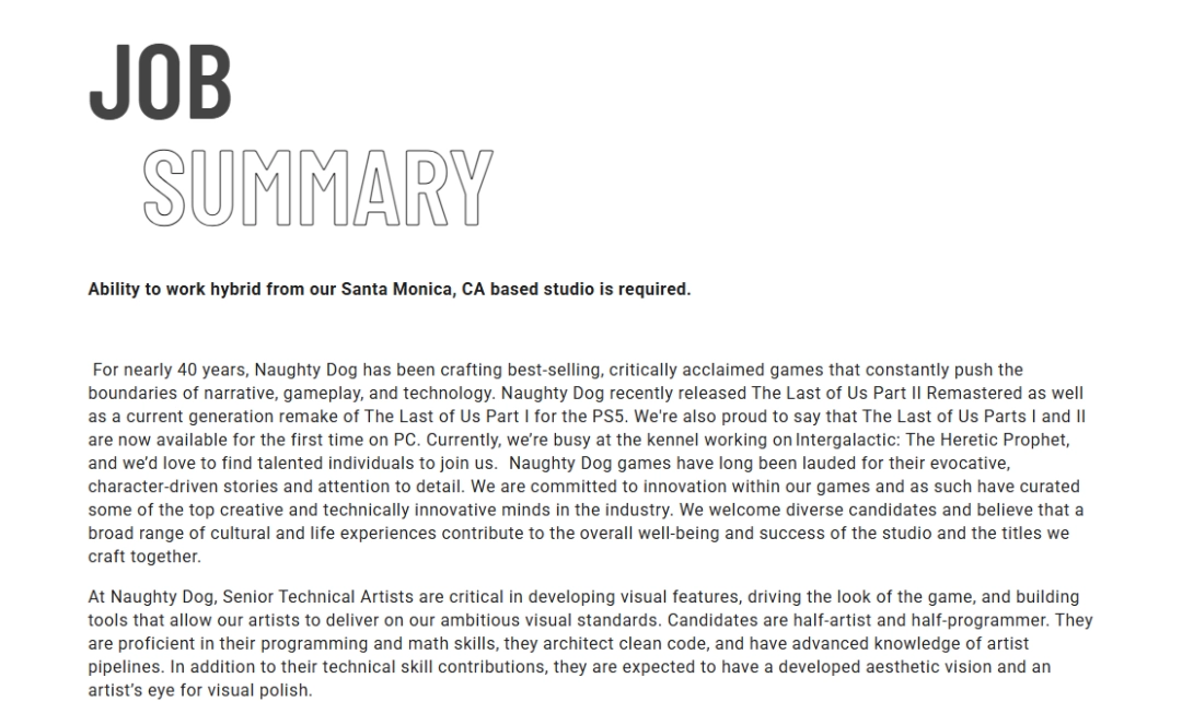 顽皮狗招聘高级技术美术师 正全力开发《星际：异端未知》！