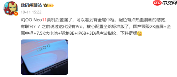 iQOO Neo 11外观公布：新增“面对疾风”配色 或有联名