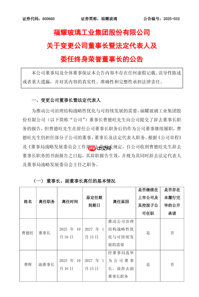 掌舵近 40 年，曹德旺辞任福耀玻璃董事长
