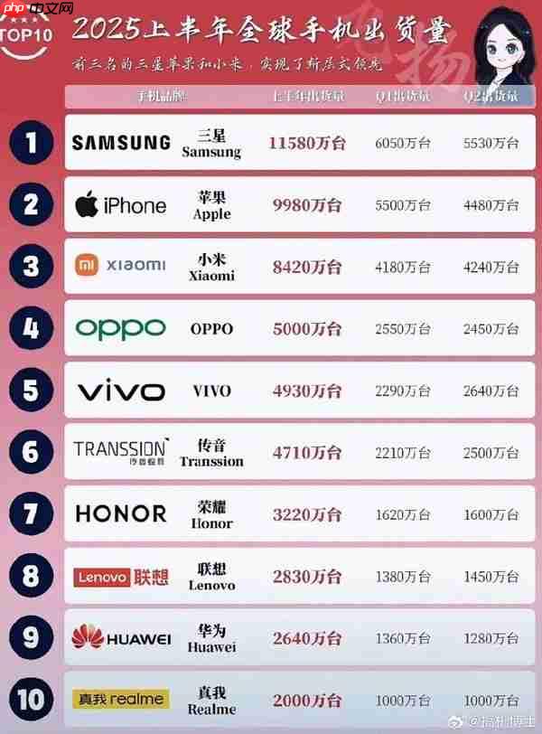 2025年上半年全球手机出货量排名：小米为国产第一