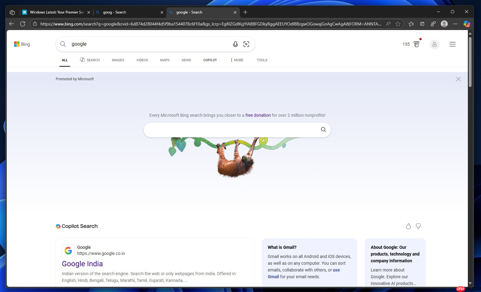 Windows 11 的 Bing 不希望你使用 Google,因此弹出了“捐赠”提示