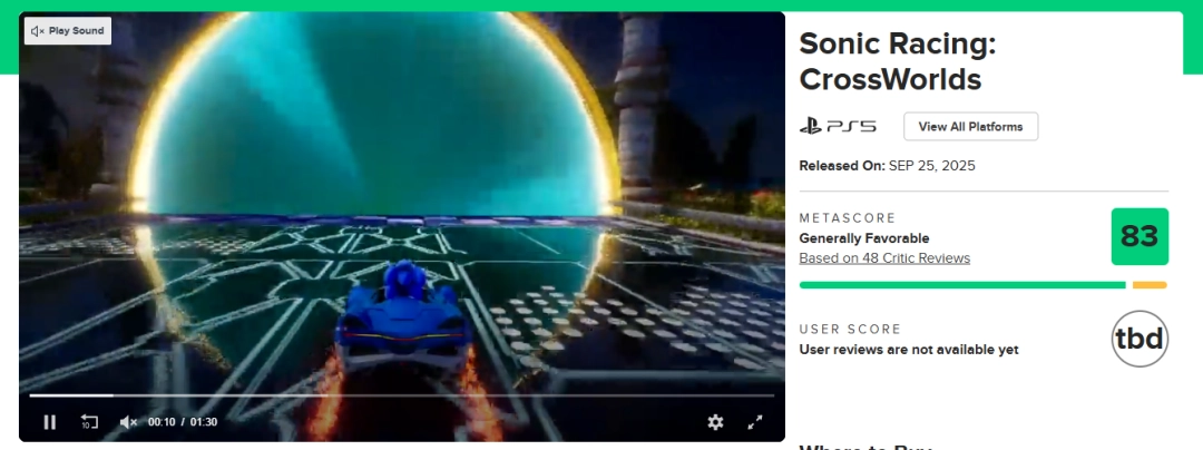 《索尼克赛车：交叉世界》 媒体评分解禁 M站均分83分好评！