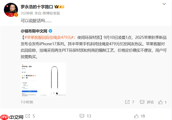 苹果客服回应iPhone 17挂绳卖479元:使用环保材质 罗永浩:可以说脏话吗