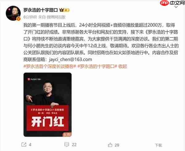 罗永浩李想播客节目爆火:24小时播放量超2000万