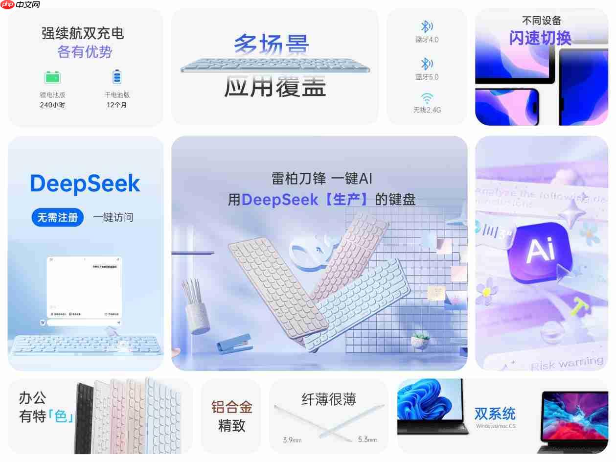 78键轻巧办公助手,雷柏E9050LAI多模无线刀锋键盘一键直达DeepSeek