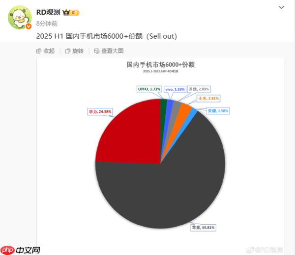 上半年国内6000元以上手机销量份额出炉：苹果占2/3