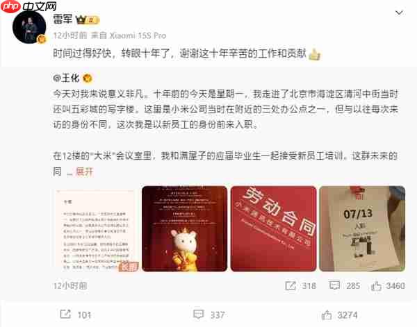 王化晒入职小米10周年纪念:雷军亲自感谢
