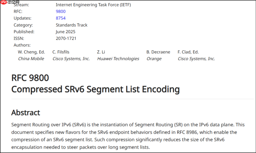 新一代互联网基础协议(SRv6)核心标准 RFC9800 发布,中国移动牵头制定