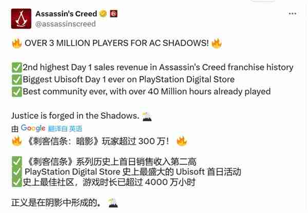 育碧宣布《刺客信条：影》玩家超300万 IGN质疑销量