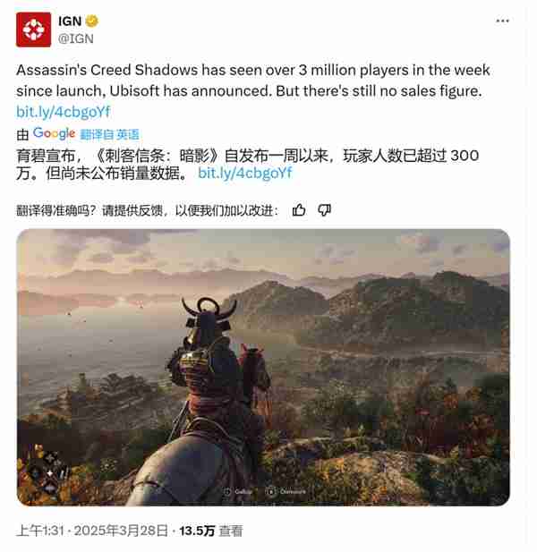 育碧宣布《刺客信条：影》玩家超300万 IGN质疑销量