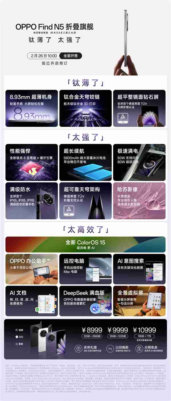 8.93mm全球最薄折叠屏!OPPO Find N5一图看懂:8999元起