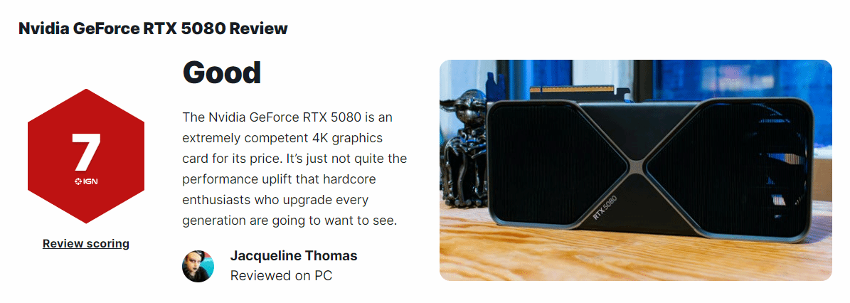 RTX5080评测解禁!IGN 7分:性价比很高的4K显卡!