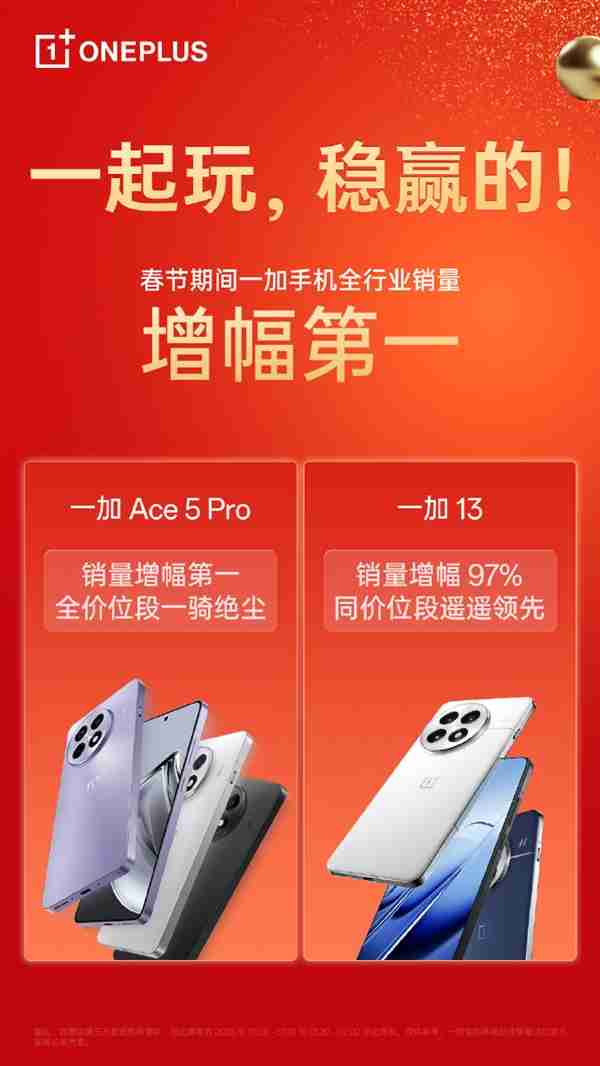 一加手机春节假期卖爆!销量增幅第一 一加Ace 5 Pro全价位段一骑绝尘