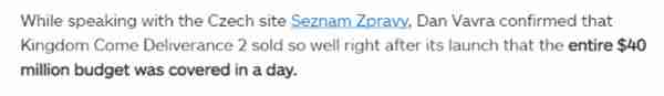 《天国:拯救2》发售24小时销量超100万 首日即回本