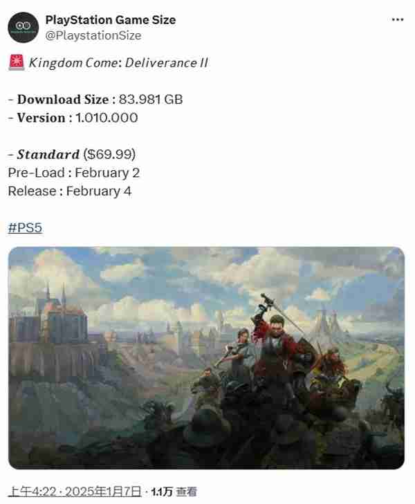 《天国:拯救2》PS5版将于2月2日开启预载 容量约84G