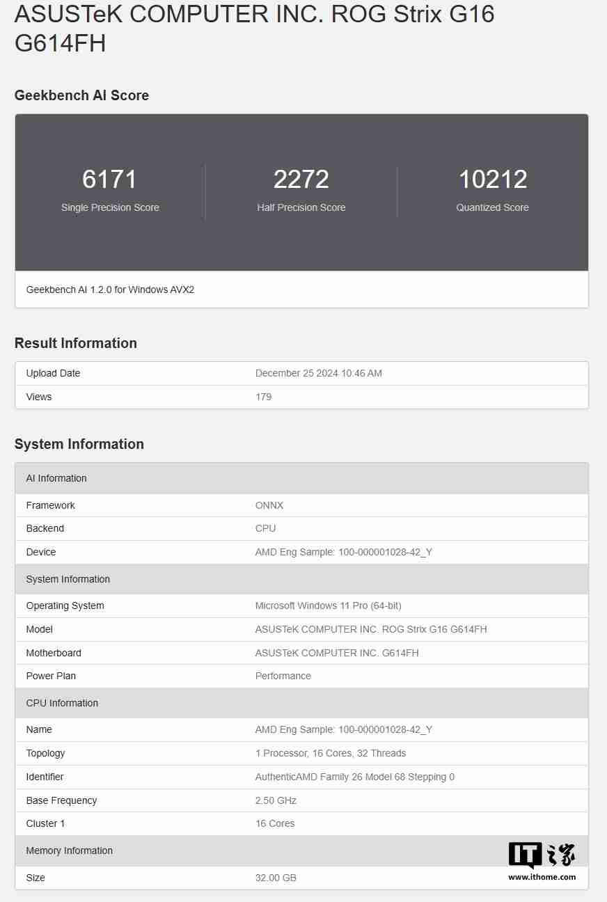 2025 华硕 ROG 游戏本工程机现身 Geekbench，搭载 16 核 AMD Zen5 处理器
