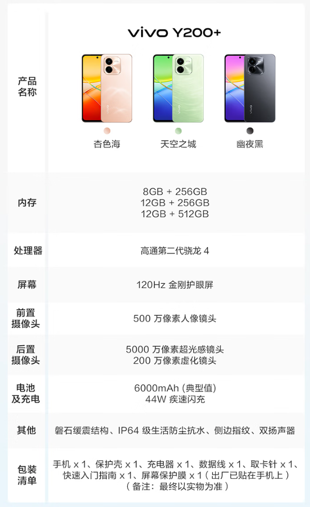vivo Y200+ 手机发布：骁龙 4 Gen2 处理器 + 6000mAh 电池，1099 元起