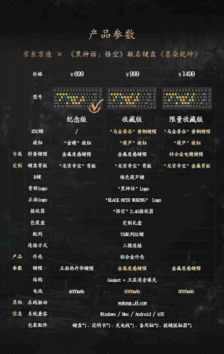 京东京造《黑神话:悟空》联名款机械键盘《墨染乾坤》开售,699 元起