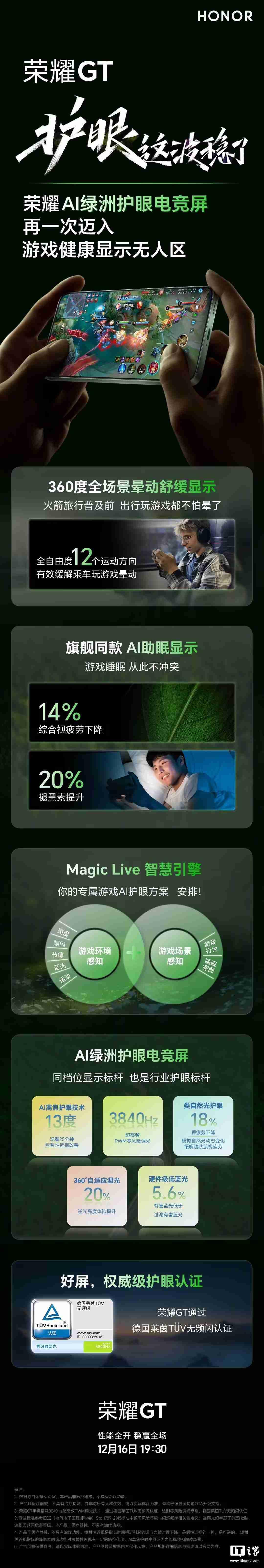 荣耀GT手机预热:搭载AI绿洲护眼电竞屏,3840Hz超高频PWM调光