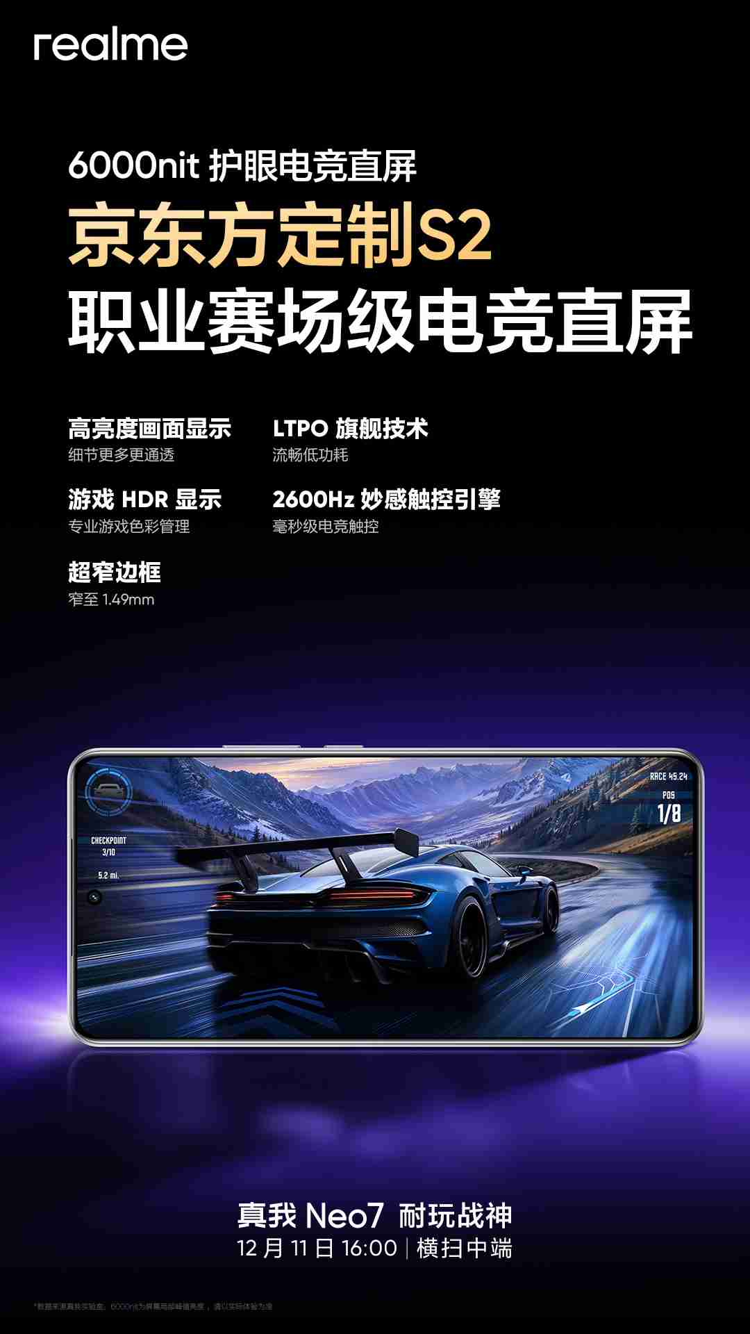 realme 真我 Neo7 手机搭载 6000nit 京东方定制 S2 柔性屏,支持全亮度类 DC 调光