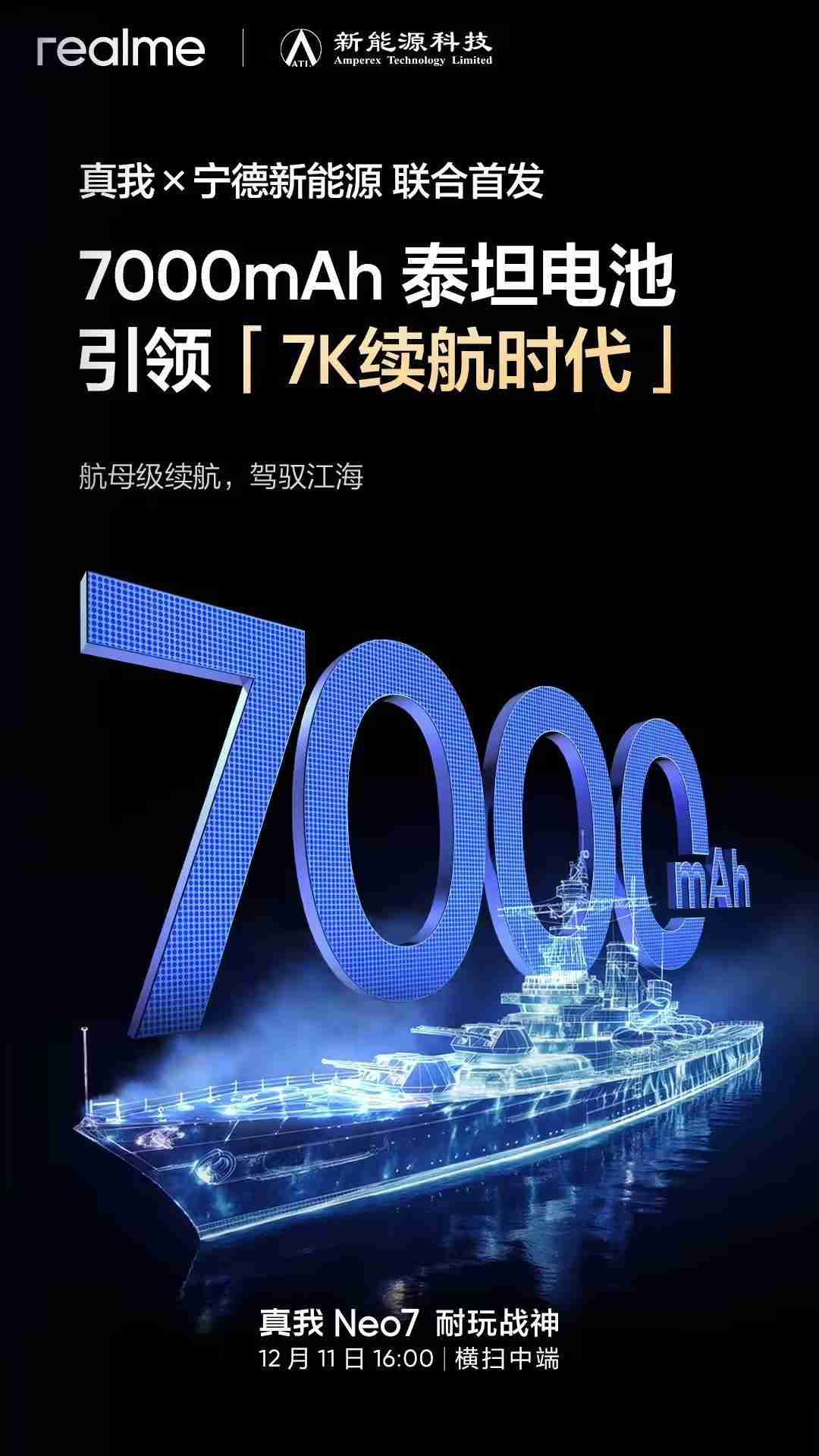 realme真我Neo7手机预热:联合宁德新能源首发7000mAh泰坦电池