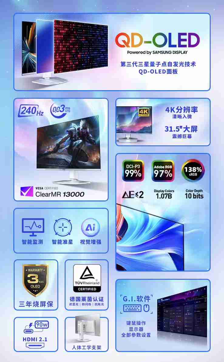 微星“MPG 321URXW”31.5 英寸白色显示器预售：4K 240Hz QD-OLED，7499 元