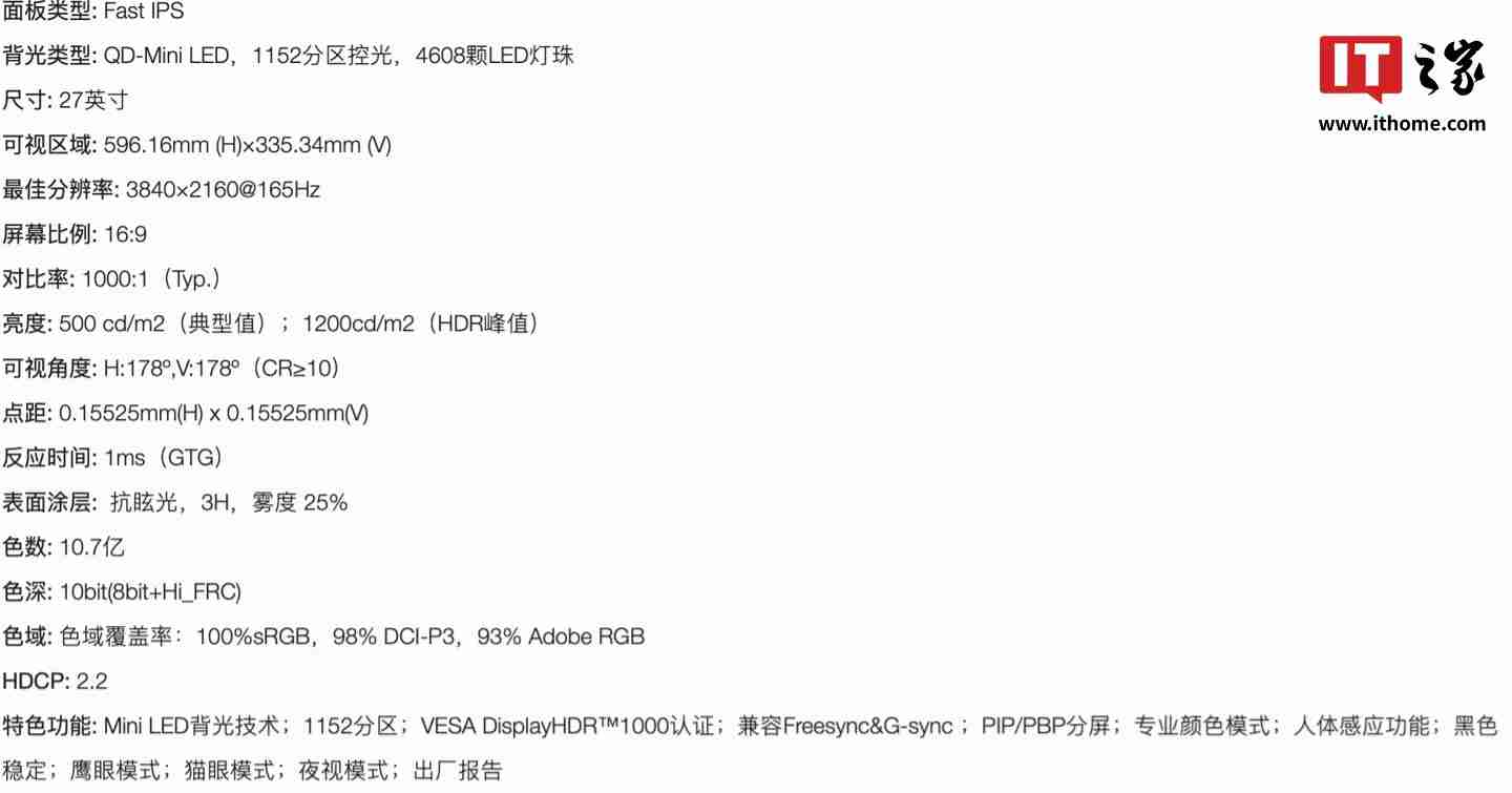 优派“VX2700-4K-PRO”27 英寸显示器开售：4K 165Hz 1152 分区 QD-Mini LED，3299 元
