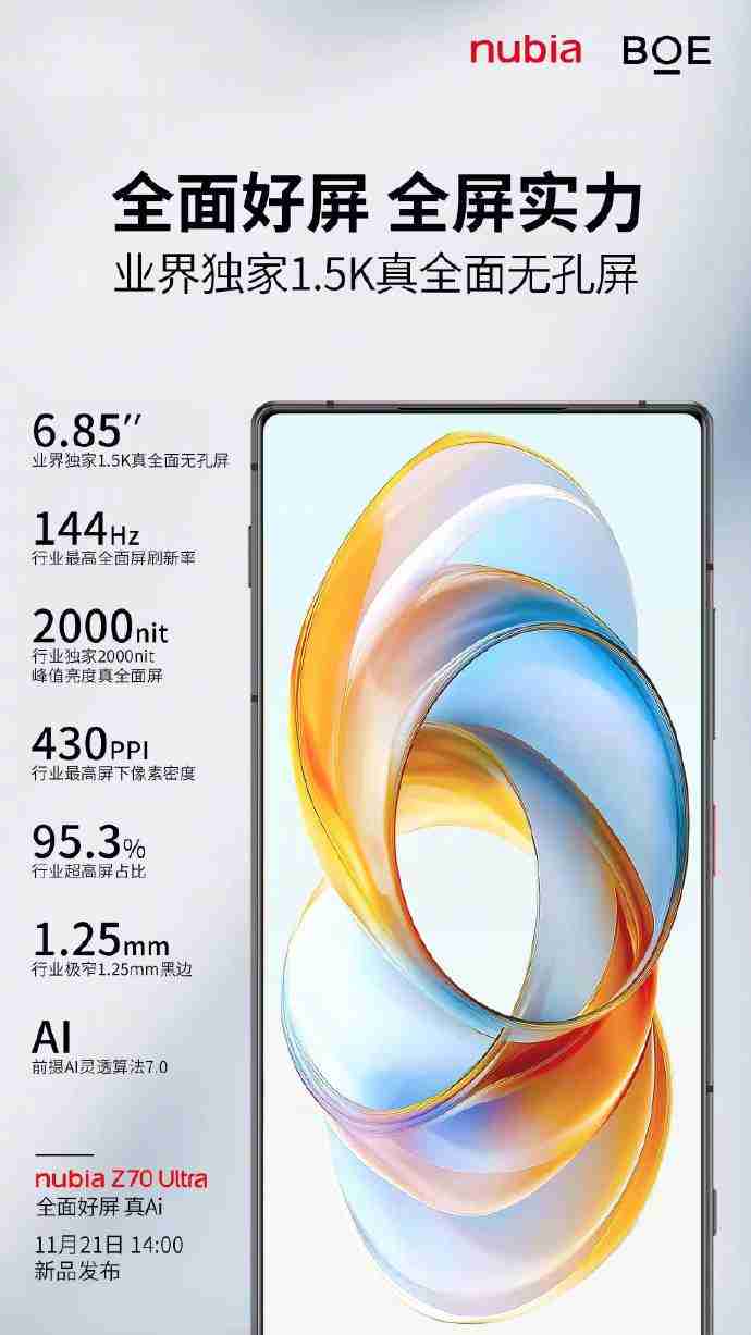努比亚 Z70 Ultra 屏幕参数公布:6.85 英寸无孔设计,95.3% 屏占比