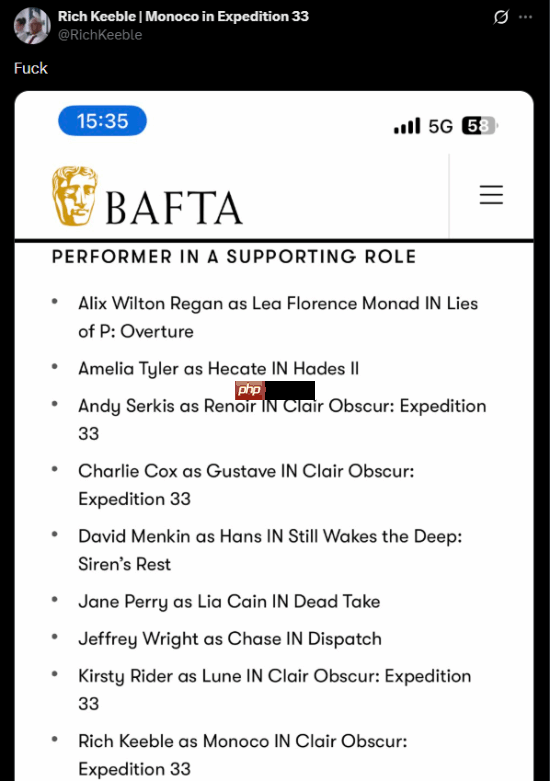 《光与影:33号远征队》演员直呼法克!竟与知名影星同获提名