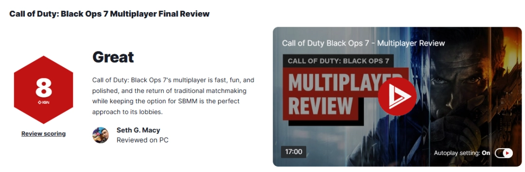 《使命召唤:黑色行动7》多人模式IGN8分:相当出色充满乐趣!