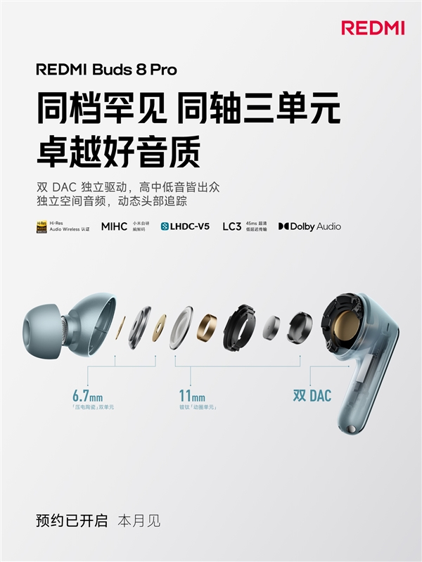 REDMI Buds 8 Pro本月发布:55dB REDMI迄今最强降噪、同档罕见同轴三单元